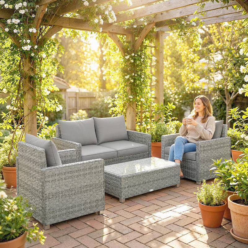 Grey Rattan Garden Furniture Set for Relaxing and Entertaining Outdoors 4 Piece Set With Table and Cushions Outsunny