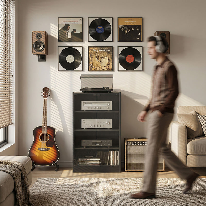 Record Player Stand With Adjustable Shelves and Glass Doors for Tidy Media Storage Black Wood-Effect