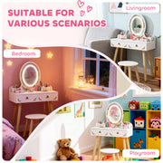 Kids Vanity Table and Chair Set with LED Mirror and Storage for Ages 3 and Up White AOSOM