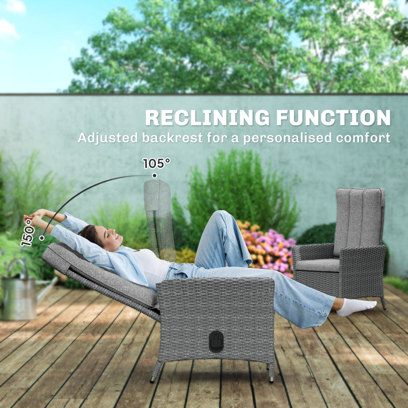 Rattan Recliner Garden Chair with Adjustable Backrest and Washable Cushion Light Grey AOSOM