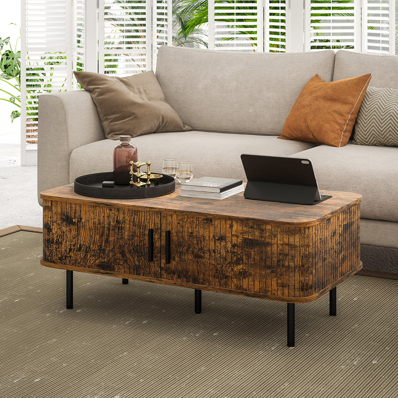 Wooden Coffee Table With Sliding Tambour Doors And Storage Shelf For Living Room Rustic Brown