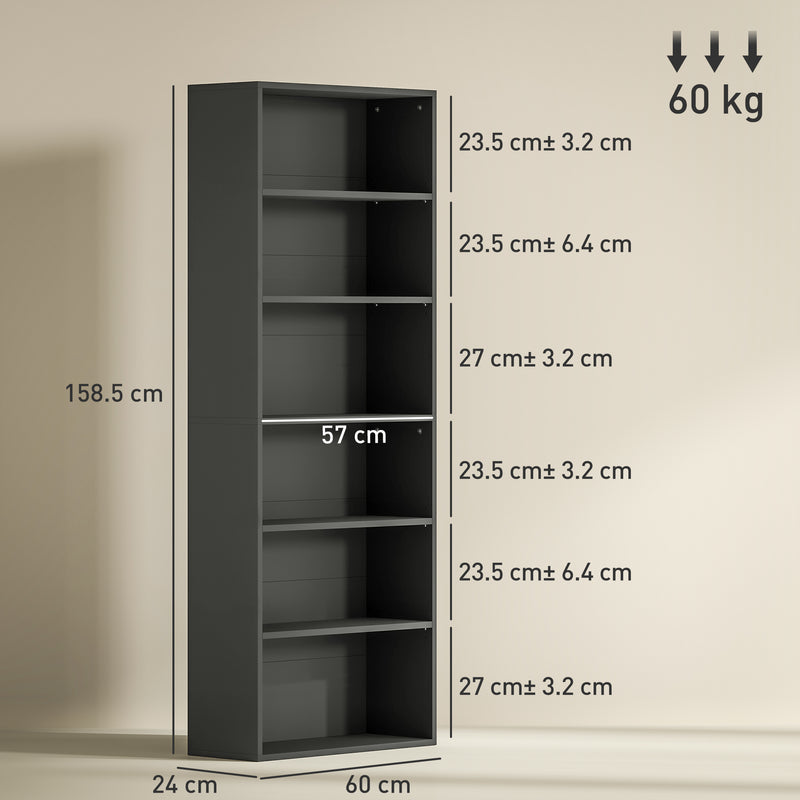 Black 6 Shelf Wooden Bookcase Freestanding Storage Unit For Home Or Office by Homcom