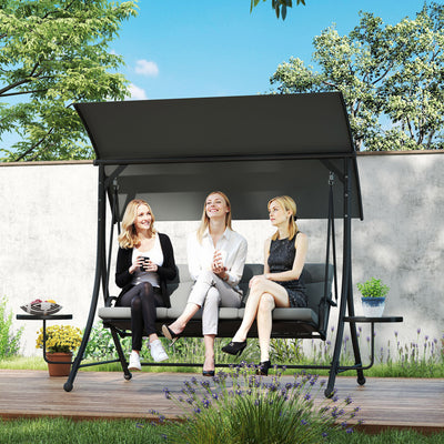 Dark Grey 3 Seater Garden Swing Chair With Canopy Cushion and Side Tables by Outsunny