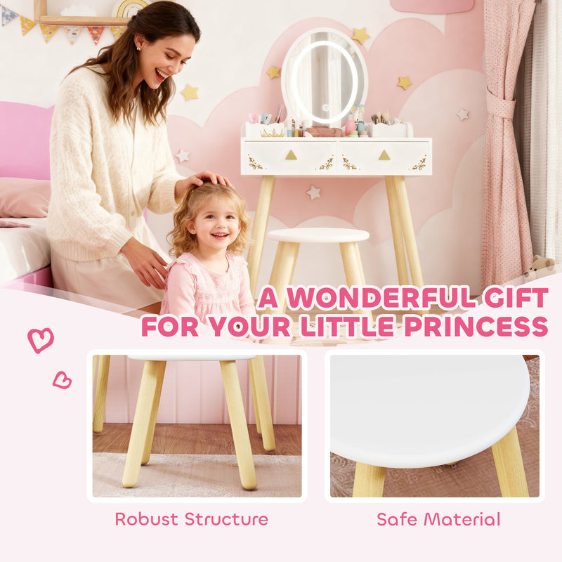 Kids Vanity Table and Chair Set with LED Mirror and Storage for Ages 3 and Up White AOSOM