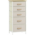 Chest of 5 Fabric Drawers with Wooden Top for Bedroom or Hallway Storage Beige