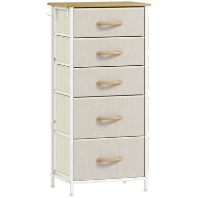 Chest of 5 Fabric Drawers with Wooden Top for Bedroom or Hallway Storage Beige