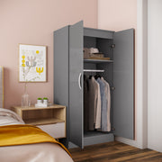 2 Door High Gloss Wardrobe With Hanging Rail And Shelf For Bedroom Storage Grey