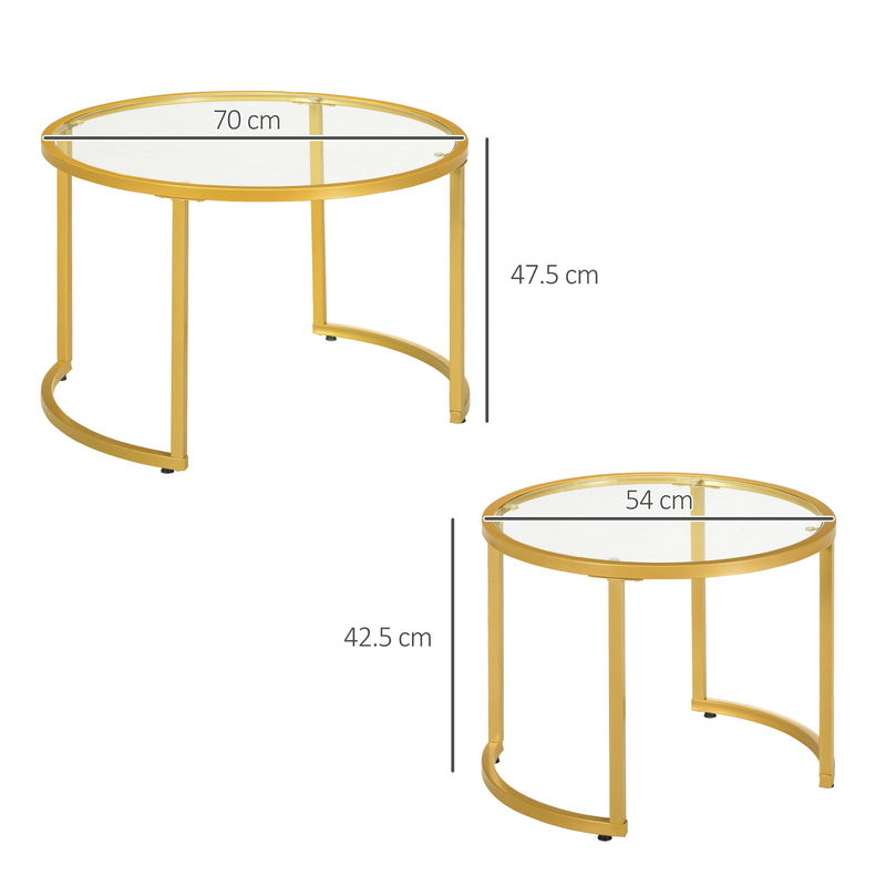 Nest of 2 Modern Round Coffee Tables with Tempered Glass Top and Gold Steel Frame for Living Room