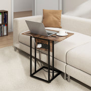 C Shaped Side Table with Foldable Top and USB Charging Station Ideal for Small Spaces Rustic Brown