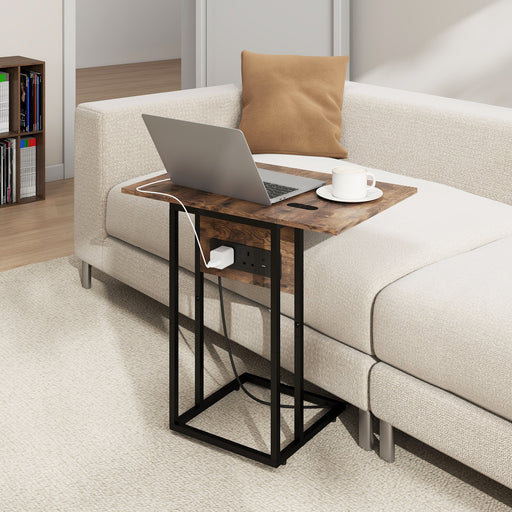C Shaped Side Table with Foldable Top and USB Charging Station Ideal for Small Spaces Rustic Brown