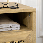 2 Piece Rattan Bedside Tables With Shelf and Cupboard for Bedroom Storage Natural