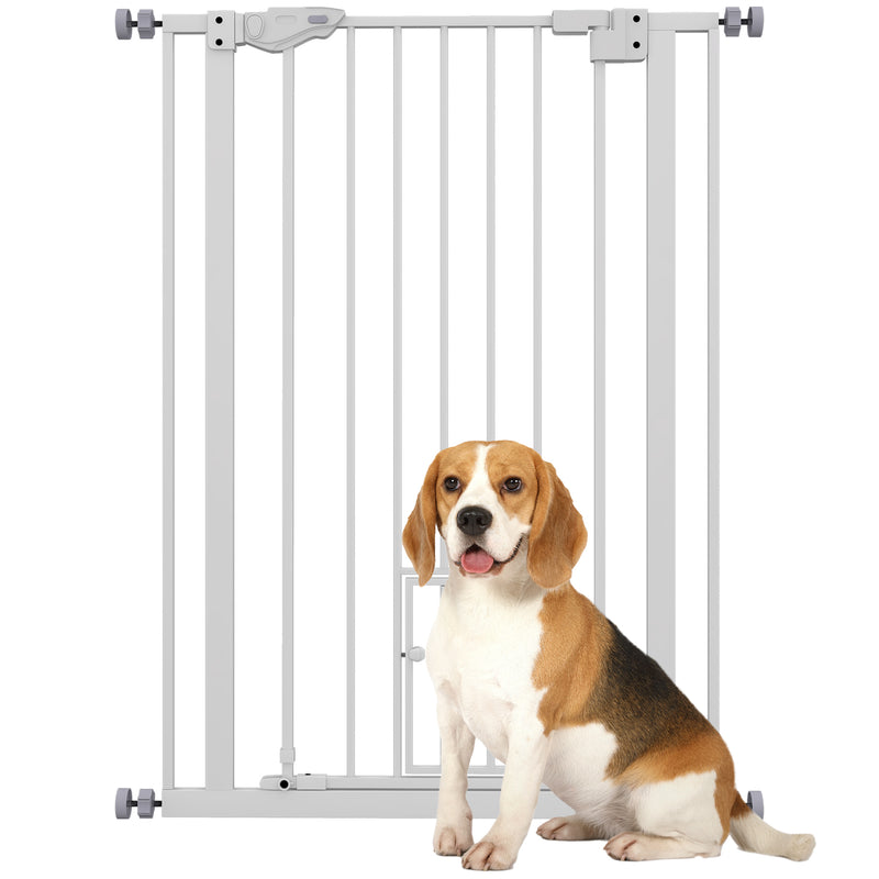 Extra Tall Indoor Dog Gate With Auto Close And Cat Flap Fits 74 To 80cm Wide White