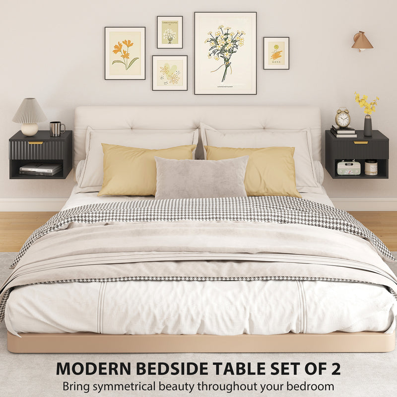 Set of 2 Floating Bedside Tables with Drawer and Shelf for Easy Cleaning Black Gold