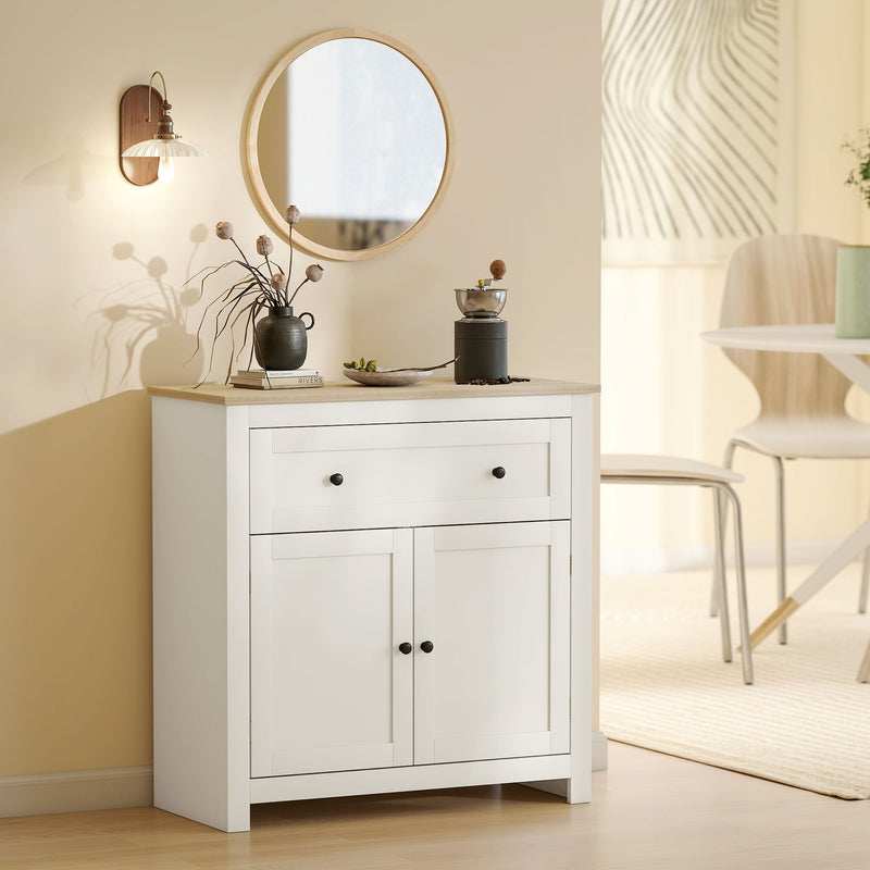 Modern White Wooden Kitchen Sideboard With Oak Top Large Drawer Double Doors and Adjustable Shelf