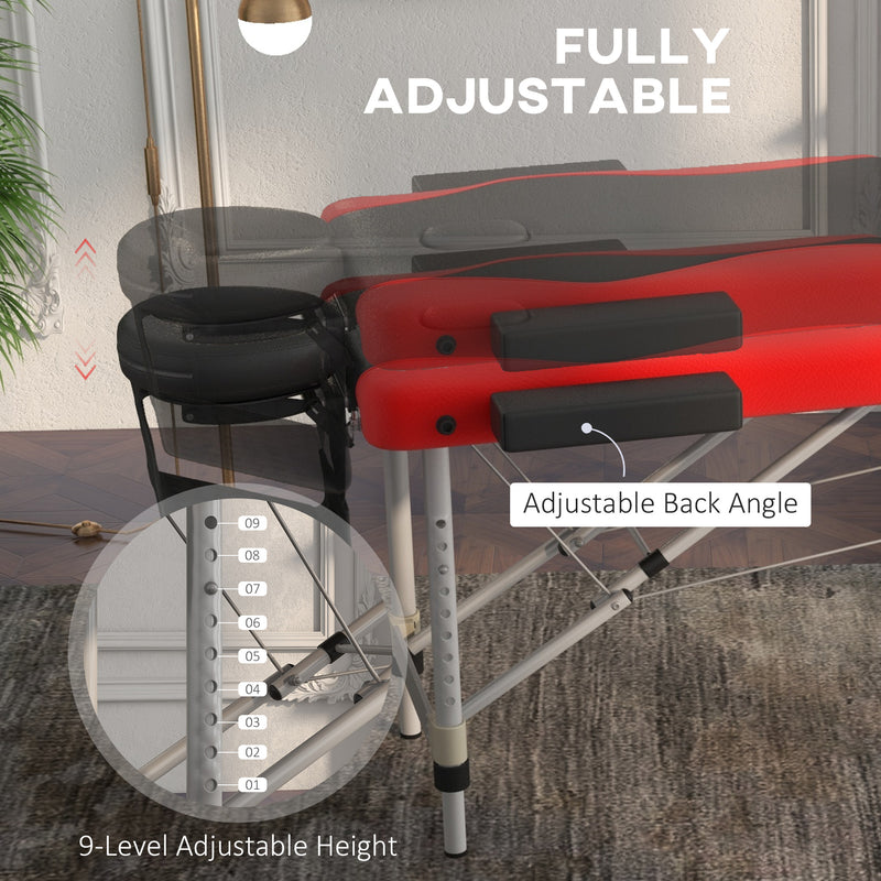 Portable 3 Section Aluminium Massage Table With Headrest and Carry Bag For Salons, Black and Red