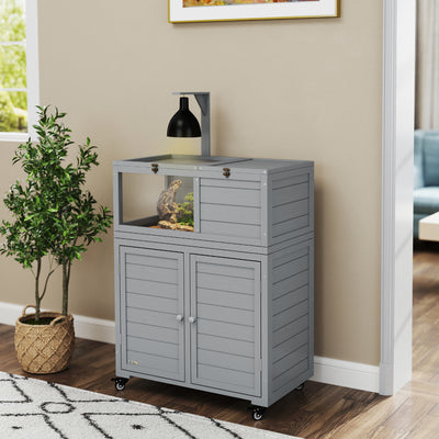 Wooden Tortoise House with Storage Cabinet Openable Top and Lamp Holder Light Grey by PawHut