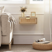 Floating Bedside Tables Set of 2 for Clutter Free Bedroom with Rattan Drawer Oak AOSOM