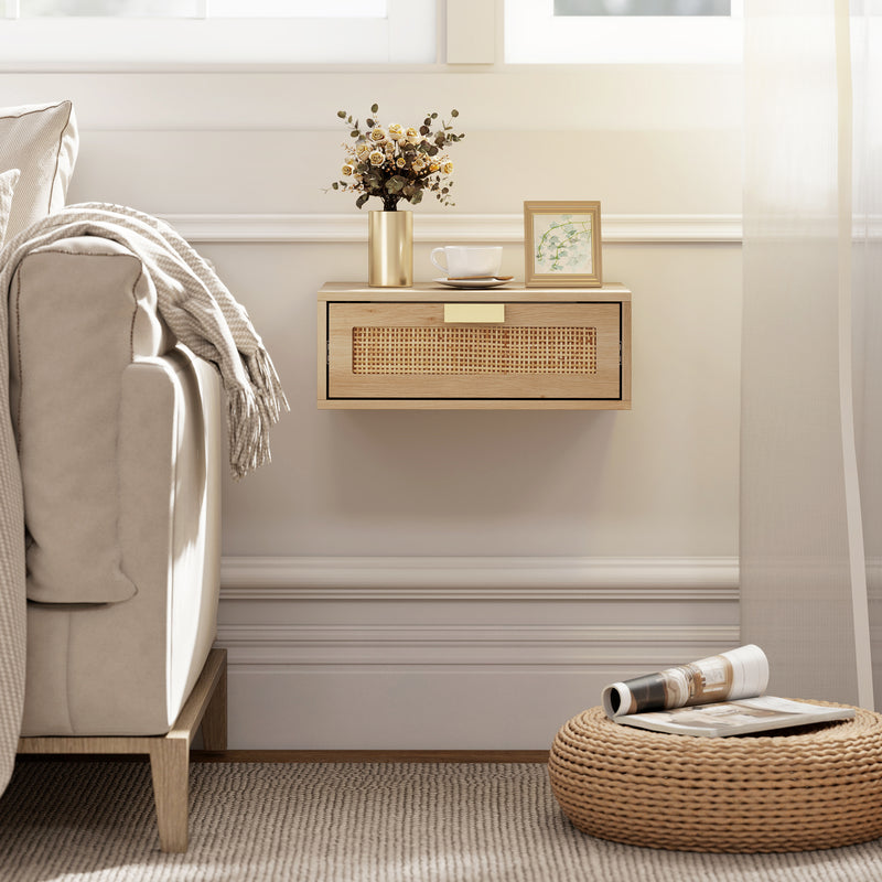 Floating Bedside Tables Set of 2 for Clutter Free Bedroom with Rattan Drawer Oak AOSOM