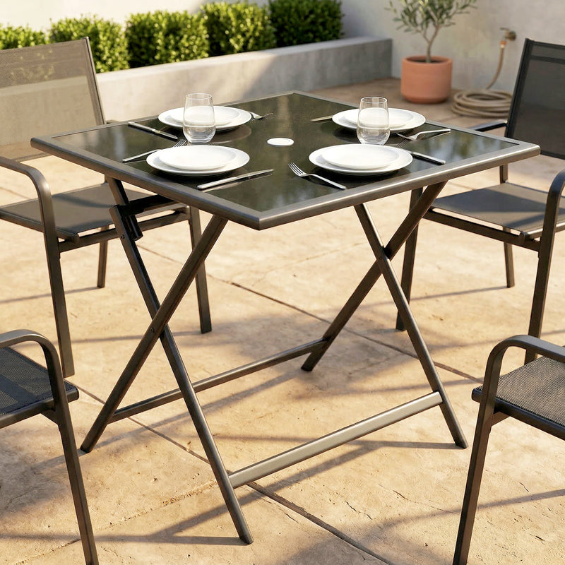 Foldable Square Garden Dining Table with Parasol Hole for Outdoor Meals and Easy Storage, Black Outsunny