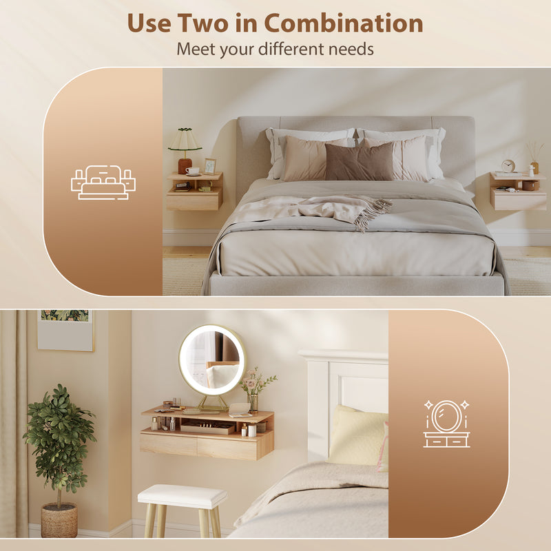 Set of 2 Floating Bedside Tables with Drawer and Shelf for Space Saving Storage Oak AOSOM
