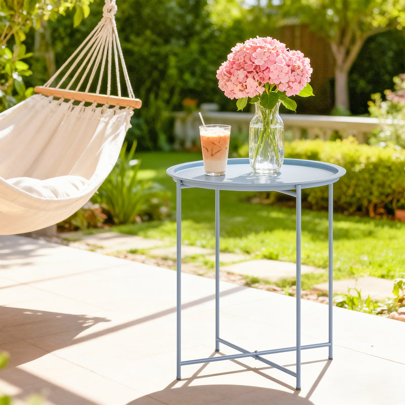 Folding Steel Garden Side Table with Removable Tray Top for Indoor or Outdoor Use Blue Grey