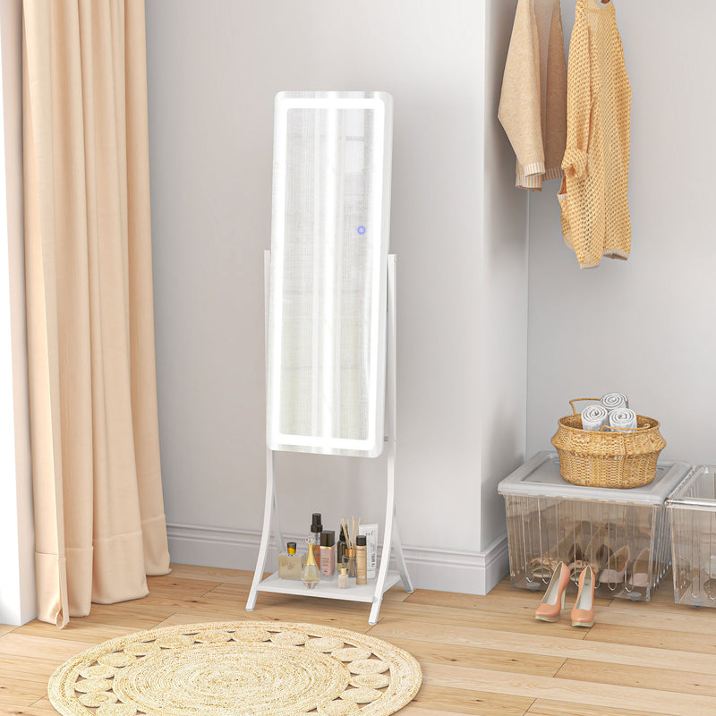 Full Length LED Dressing Mirror With Storage Shelf and 3 Light Modes, White