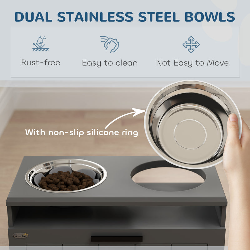 Raised Dog Feeder with Slow Feed Bowls and Storage Drawer for Large Dogs Grey