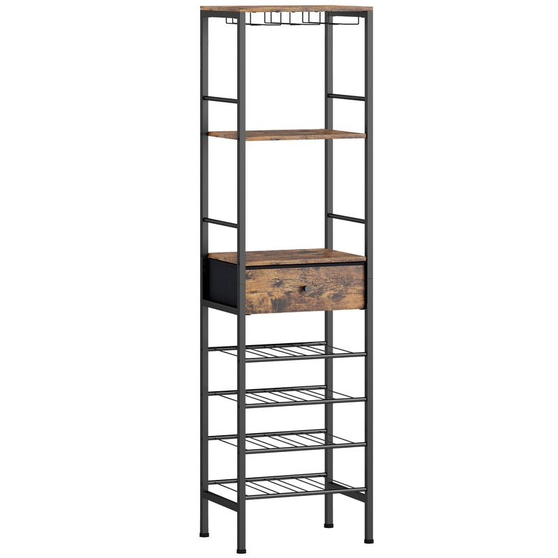 Slim Wine Rack for Small Spaces with Bottle and Glass Storage Rustic Brown Black Homcom