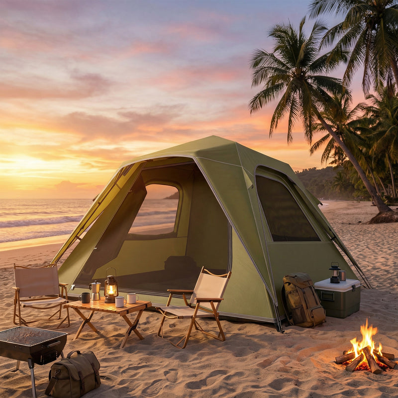 Pop Up Family Tent for Quick Camping Setup Sleeps 3 to 4 Waterproof Green