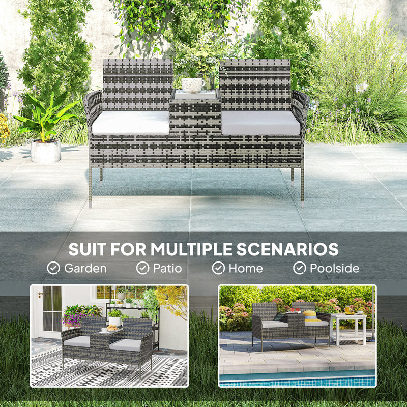 Charcoal Grey Two Seater Rattan Garden Chair with Middle Table for Garden or Patio by Outsunny