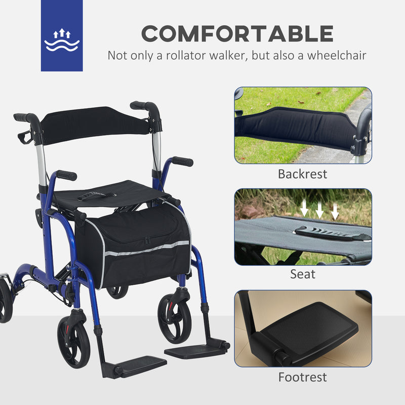 2 in 1 Wheelchair Transport Chair and Folding Rollator Walker with Seat and Bag by HOMCOM AOSOM