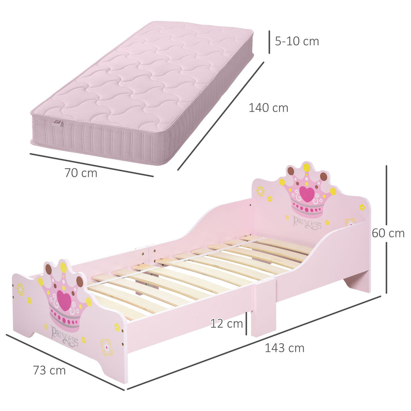 Pink Toddler Princess Bed with Safety Rails and Slats for Girls Aged 3 to 6 Years