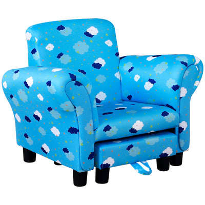 Kids Wooden Armchair with Footrest and High Back for Bedroom or Playroom, Blue