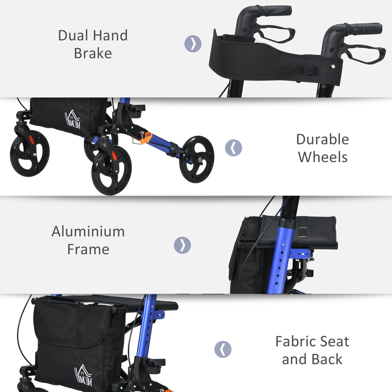 HOMCOM Portable Rollator Walker with 6 Adjustable Height and Dual Brakes for travel and Dailt Use, Blue