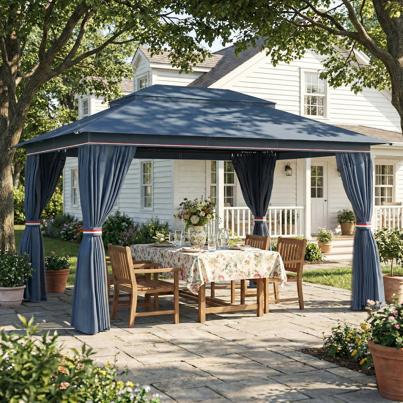 3x3m Metal Garden Gazebo with Curtains and Mesh Netting for Year Round Privacy and Shade, Dark Blue Outsunny