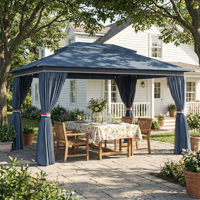 3x3m Metal Garden Gazebo with Curtains and Mesh Netting for Year Round Privacy and Shade, Dark Blue Outsunny