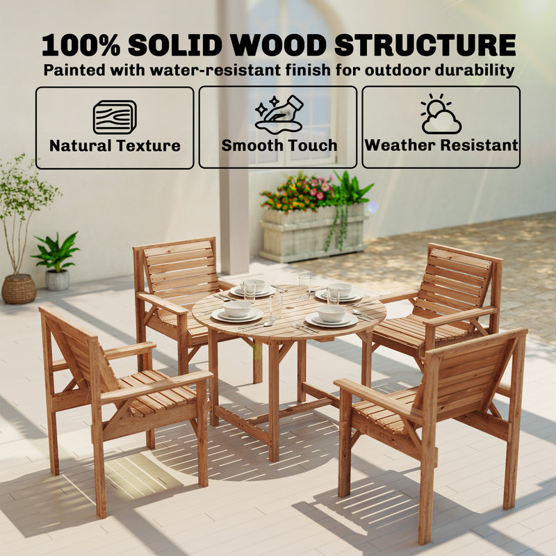 Wooden Garden Dining Set with Round Table and 4 Chairs for Comfortable Outdoor Meals, Natural Wood