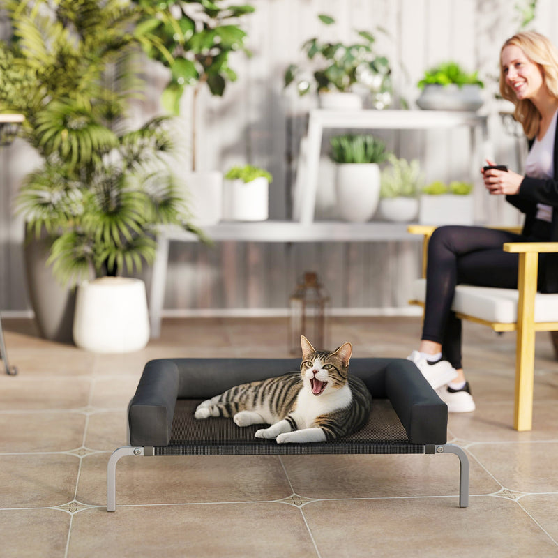 Raised Pet Bed for Small Dogs or Cats with Cooling Mesh and Supportive Pillow Black AOSOM