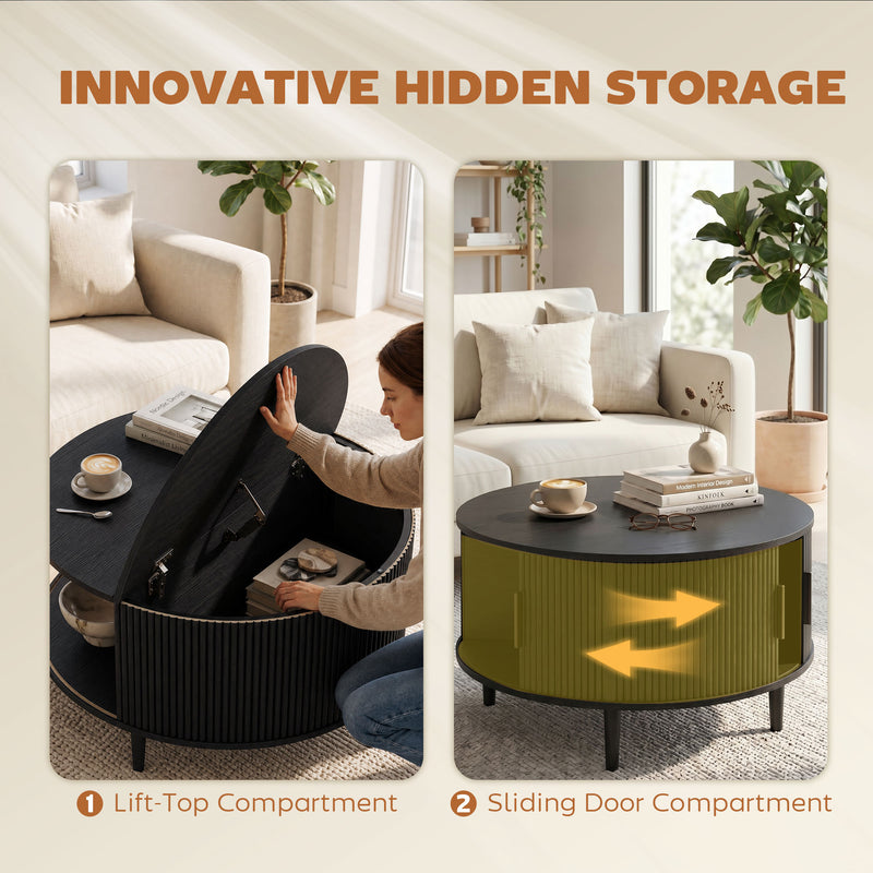 Round Coffee Table with Hidden Storage for Safer Family Living Room Black Wood Effect