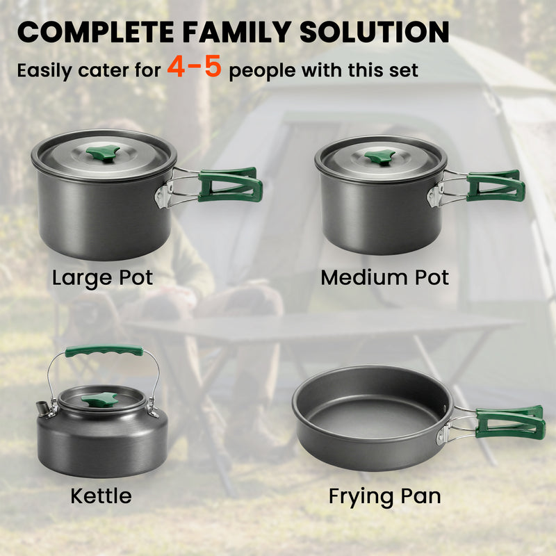 Camping Cookware Set for 4–5 People with Compact Nesting Design for Easy Group Cooking Grey Green