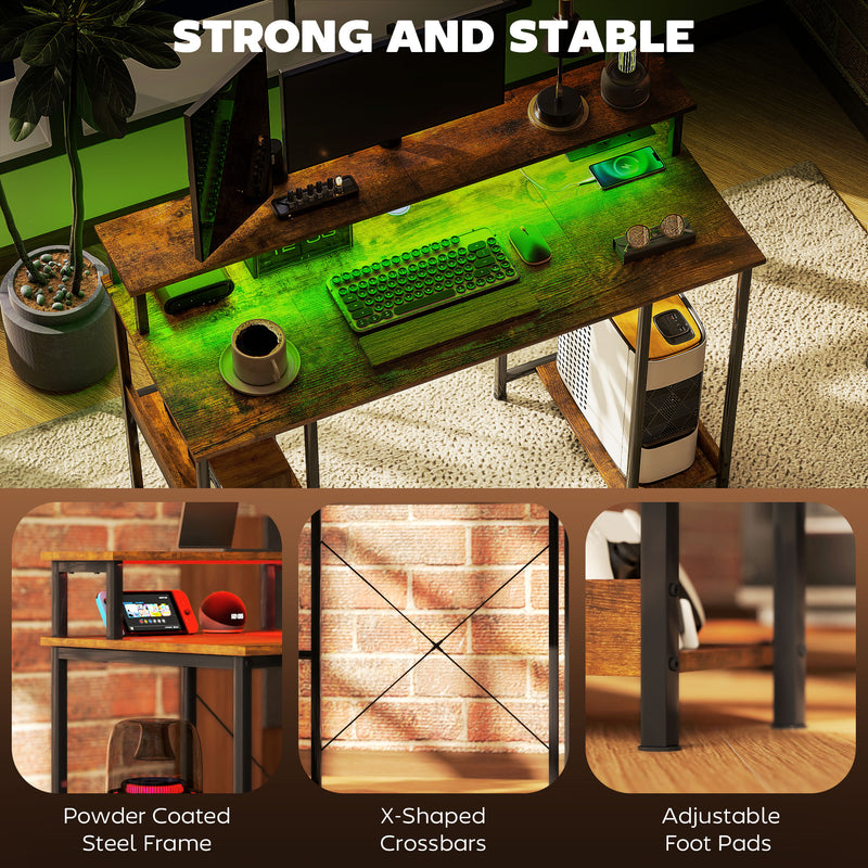 Rustic Brown Computer Desk with LED Lights and Power Outlets 120cm by HOMCOM