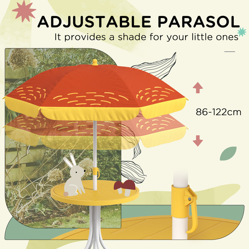 Yellow Kids Garden Picnic Table Set With Lion Design Foldable Chairs And Parasol