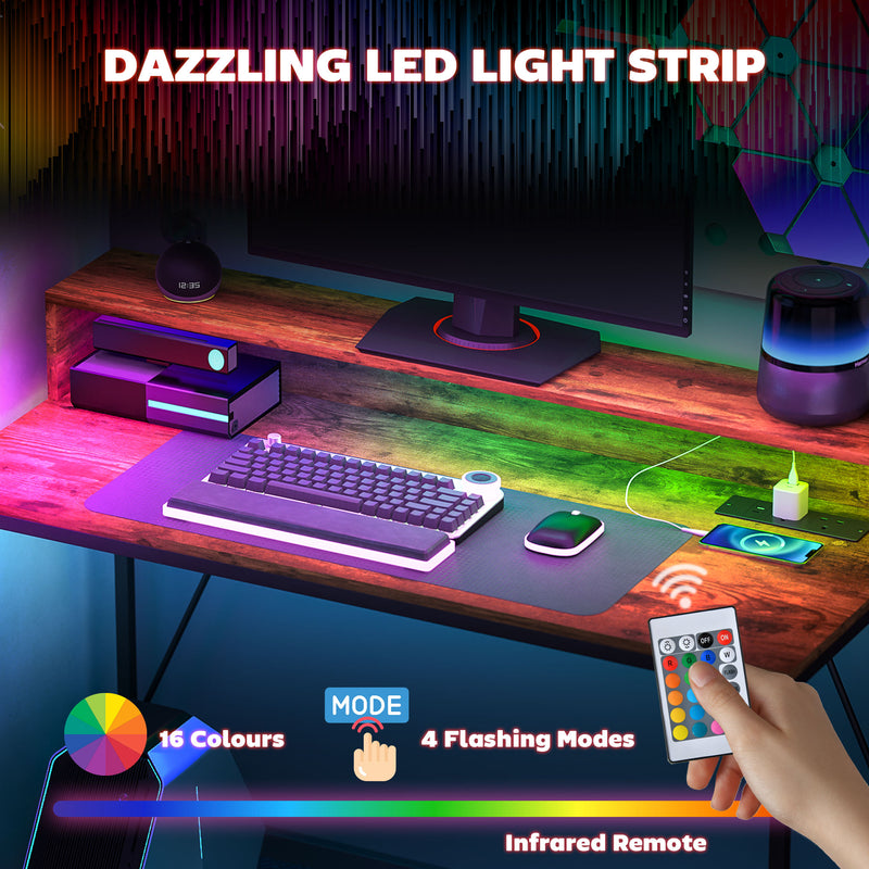 120cm Gaming Desk with LED Lights and Power Outlets Rustic Brown by HOMCOM