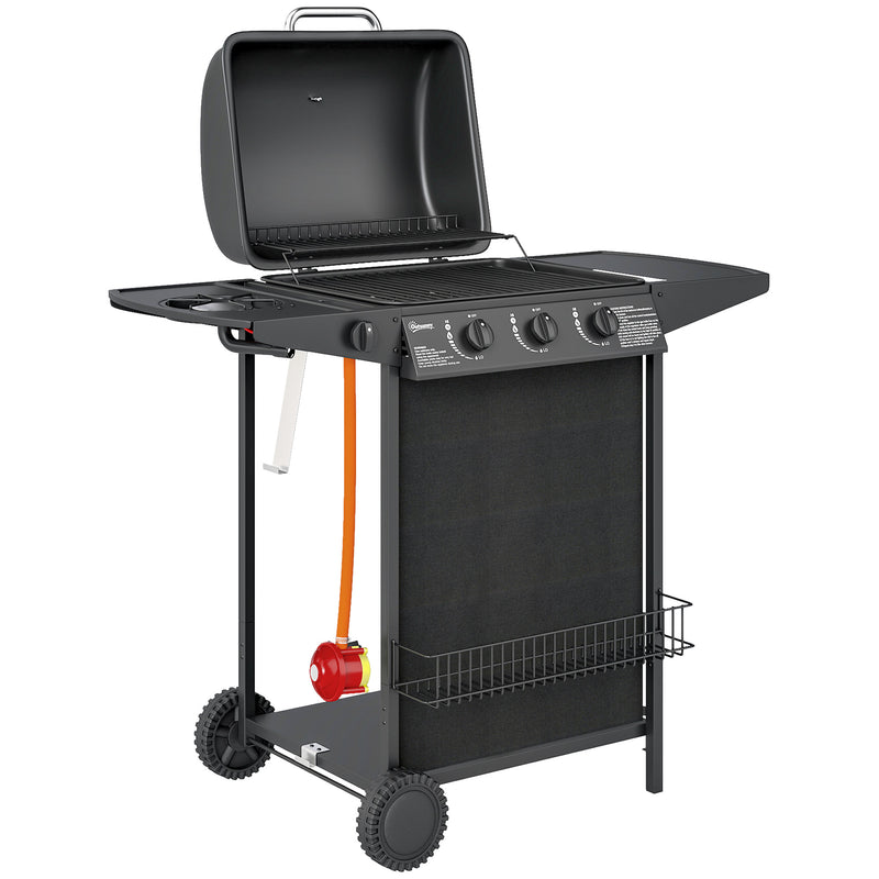 3 Plus 1 Burner Gas BBQ Grill with Thermometer Side Table and Wheels in Black by Outsunny