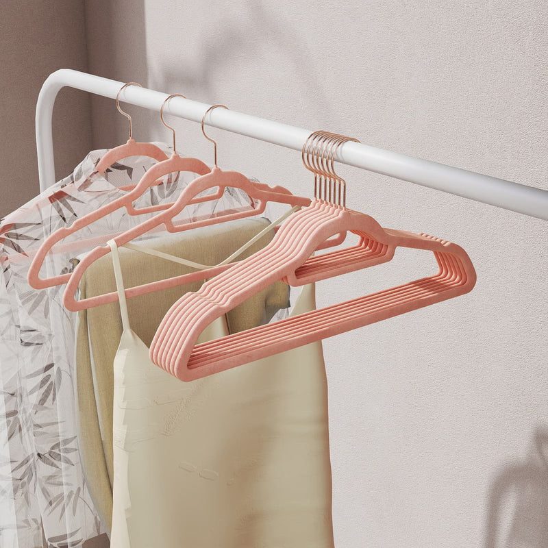 Pink Velvet Clothes Hangers Set of 50 with Non Slip Design and Rose Gold Swivel Hook by Songmics