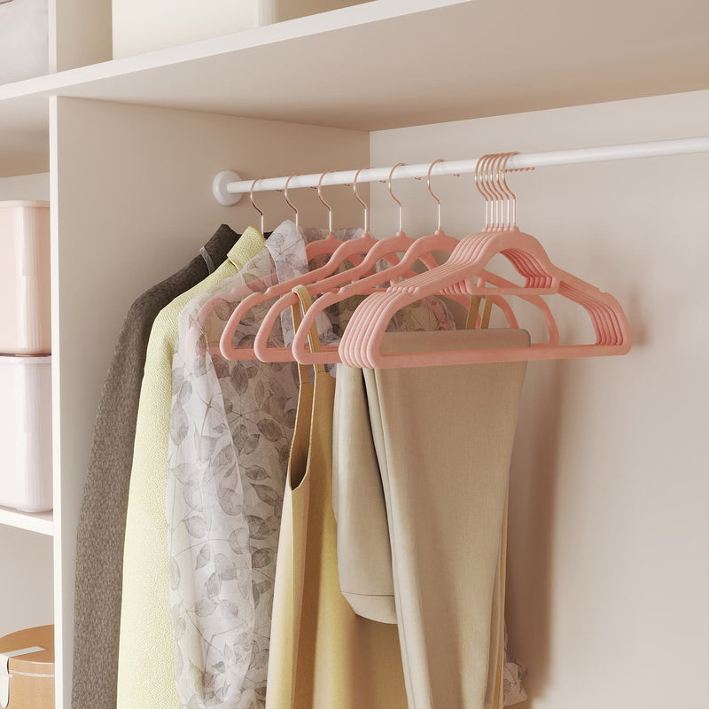 Pink Velvet Clothes Hangers Set of 50 with Non Slip Design and Rose Gold Swivel Hook by Songmics