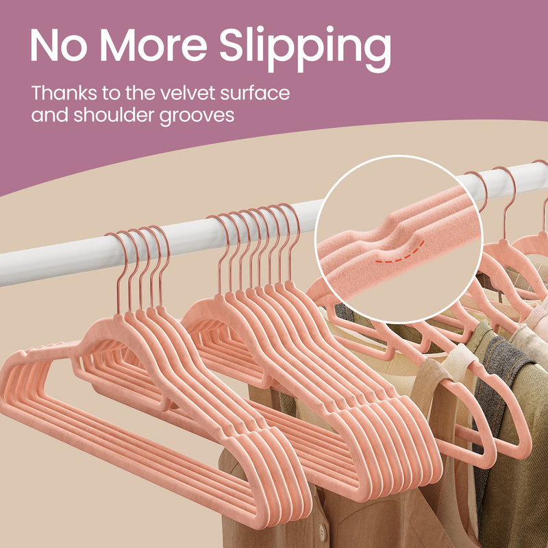 Pink Velvet Clothes Hangers Set of 50 with Non Slip Design and Rose Gold Swivel Hook by Songmics