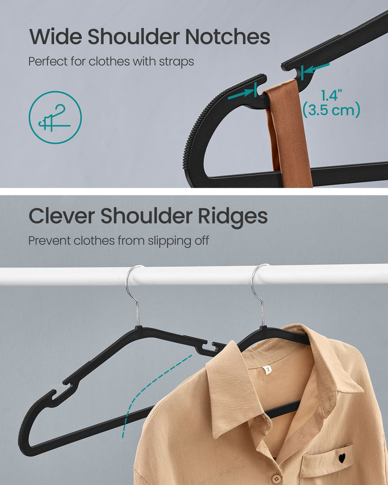 Pack of 50 Black Plastic Clothes Hangers with Shoulder Notches for Wardrobes by Songmics