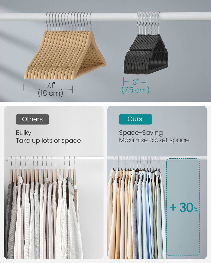 Pack of 50 Black Plastic Clothes Hangers with Shoulder Notches for Wardrobes by Songmics