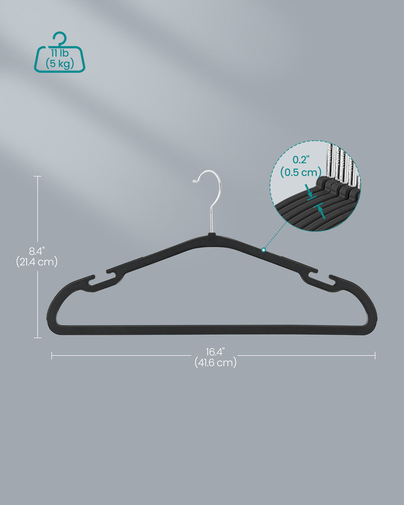 Pack of 50 Black Plastic Clothes Hangers with Shoulder Notches for Wardrobes by Songmics